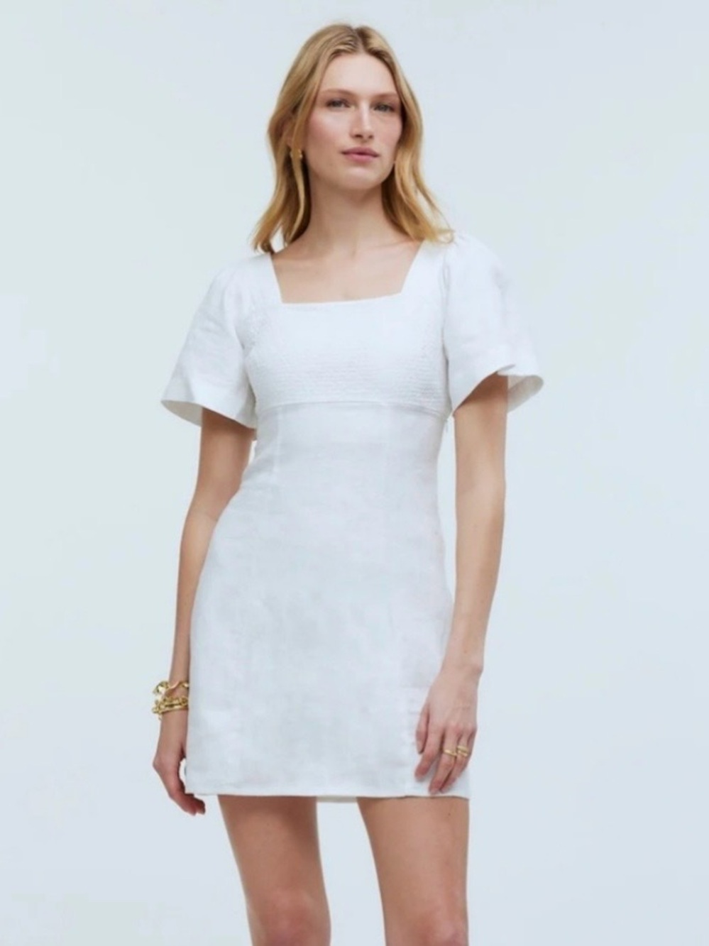 Madewell White Square-Neck Mini Dress with Flutter Sleeves
